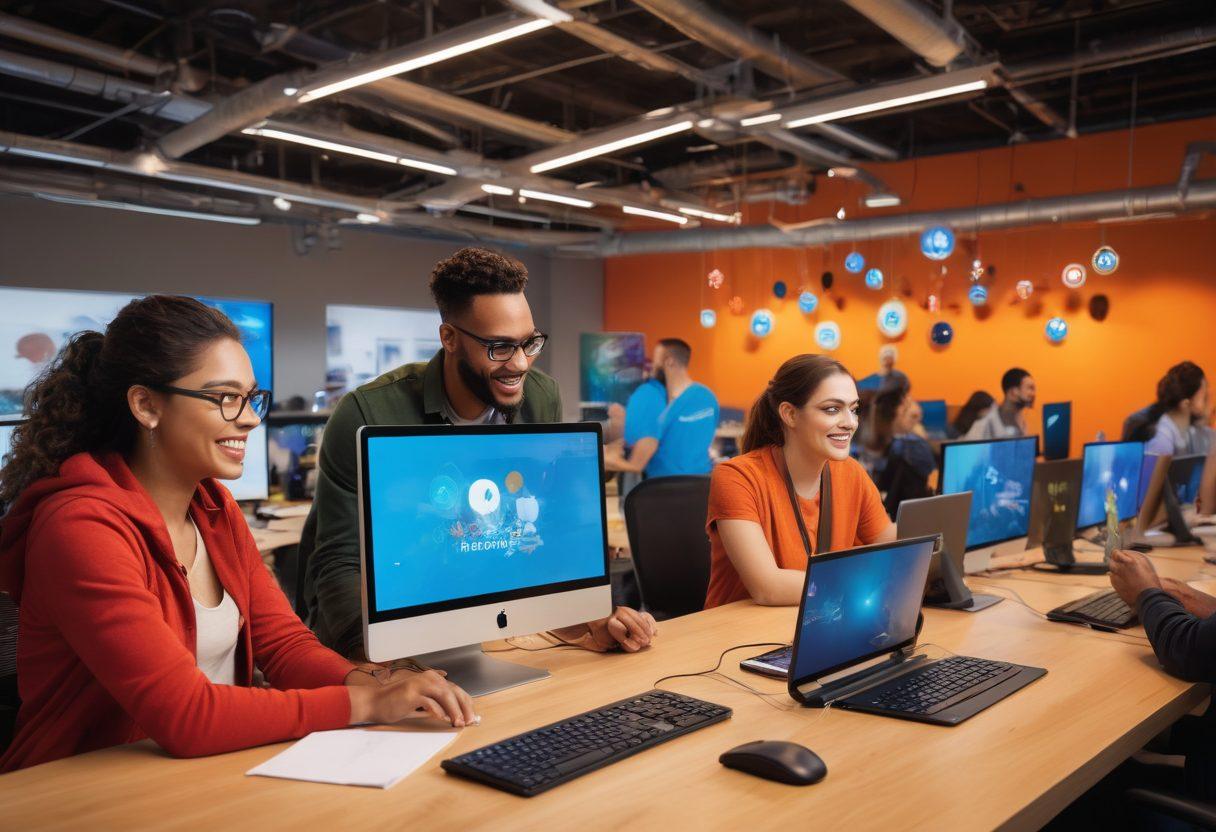 A vibrant community scene showcasing diverse people engaging with technology, featuring banners of Lanac Innovations. Include joyful faces, collaborative workspaces filled with computers and networking gear, and elements representing empowerment such as lightbulbs and gears. Capture a sense of connectivity and collaboration, emphasizing modern infrastructure. colorful. super-realistic. dynamic composition.