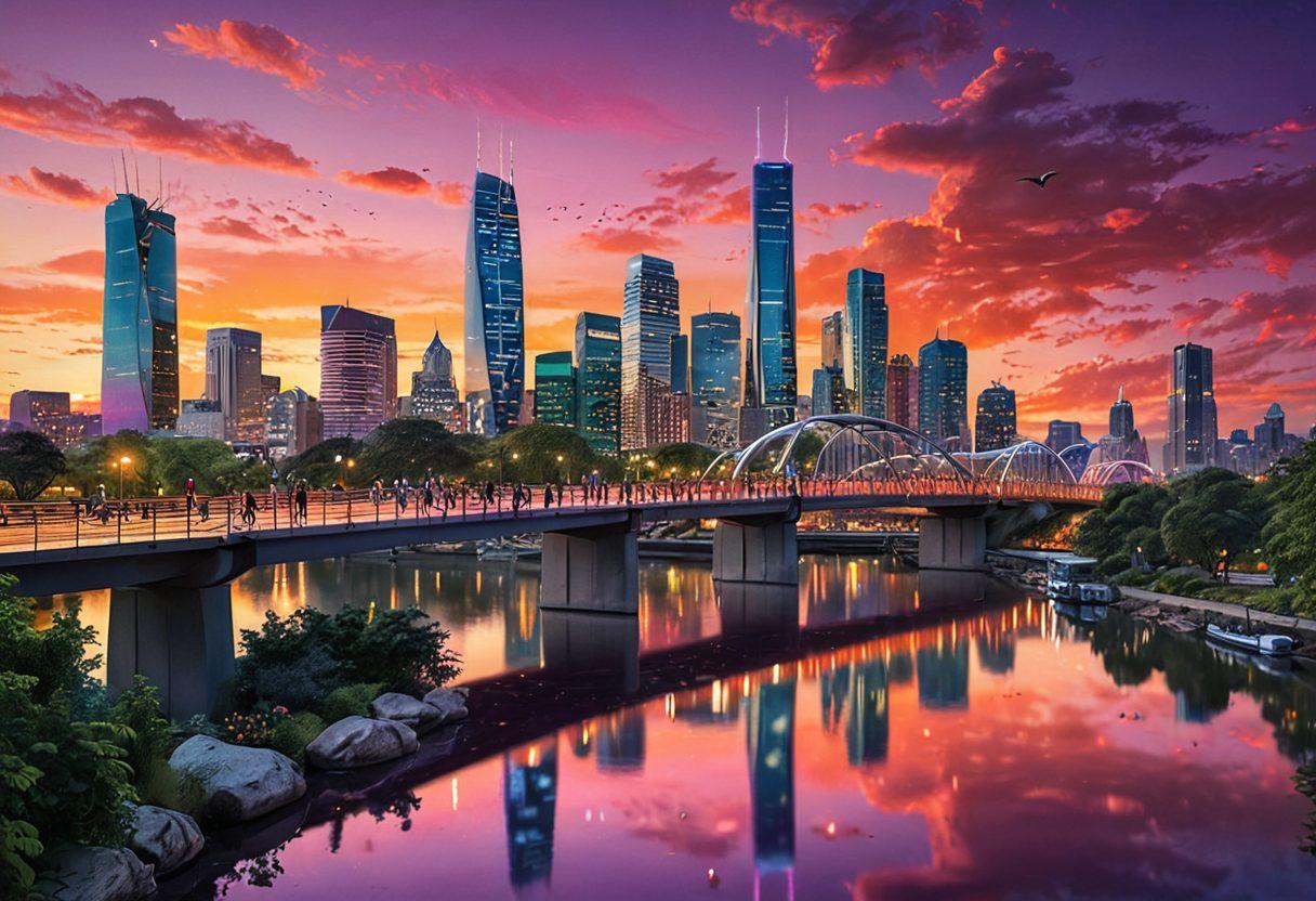 A modern city skyline with diverse groups of people happily crossing a futuristic bridge, showcasing a blend of cultures and technologies. In the foreground, symbols of connectivity like Wi-Fi signals and digital devices are subtly integrated. The background features green spaces and urban landscapes that promote harmony. Captivating sunset hues add warmth to the scene. super-realistic. vibrant colors. 3D.