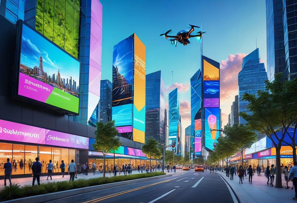 A vibrant futuristic cityscape showcasing advanced technology and community spaces, with diverse individuals using smart devices to connect and collaborate. Add elements like green parks, digital billboards, and drones delivering packages, symbolizing innovation. Emphasize human interaction and a sense of community amidst high-tech architecture. high resolution. vibrant colors. 3D.